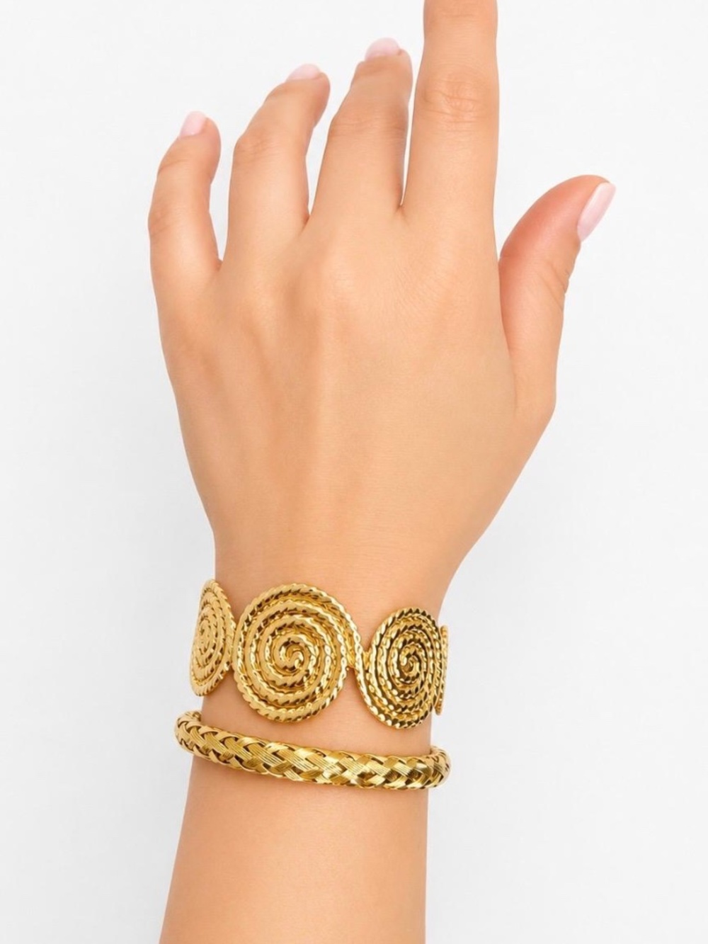 Gold Tone Boho Cuff Bracelet Set, Textured Spiral Bracelet & Woven Open Bangle,